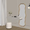 Modern Dressing Table with Scalloped Mirror Round Stool and Small Items in Bright Interior 3d model