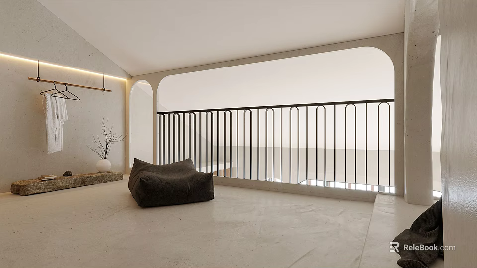 Minimalist Bedroom Interior With Open Balcony Brown Bean Bag Sofa And Sea View 3d model 