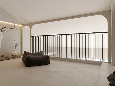 Minimalist Bedroom Interior With Open Balcony Brown Bean Bag Sofa And Sea View 3d model