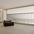 Minimalist Bedroom Interior With Open Balcony Brown Bean Bag Sofa And Sea View