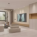 Modern Open Living Dining Room Interior With White Sofa Round Pendant Lights And Decorative Painting