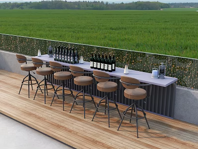 Bar Counter With Bar Stools And Wine Bottles On Wooden Deck Overlooking Green Field 3d model
