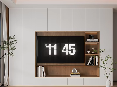 Modern Minimalist TV Wall Unit Design With White And Wooden Storage Shelves And Decorations 3d model