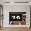 Modern Minimalist TV Wall Unit Design With White And Wooden Storage Shelves And Decorations