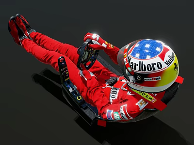 Man Wearing Red Racing Suit and Marlboro Logo Helmet Sitting in Racing Seat 3d model