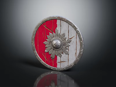 Medieval Shield with Red and White Wooden Surface Sunflower Metal Decoration and Metal Rivets 3d model