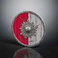 Medieval Shield with Red and White Wooden Surface Sunflower Metal Decoration and Metal Rivets