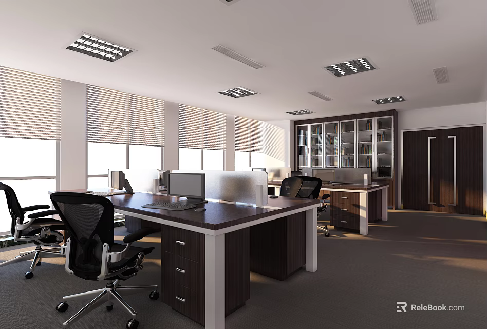 Modern Public Office Space With Desks Office Chairs Ceiling Lighting And Window Blinds 3d model 