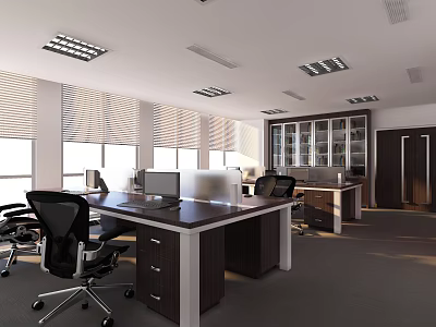 Modern Public Office Space With Desks Office Chairs Ceiling Lighting And Window Blinds 3d model