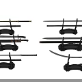 Various Traditional Swords as Weapons on Display Stands with Different Handle Designs and Sharp Blades