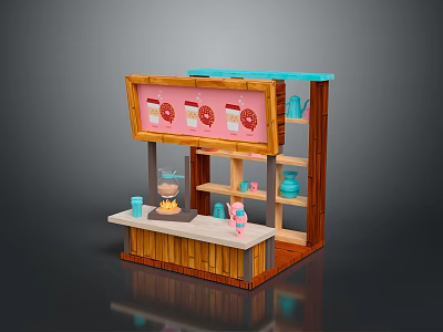 Small Retail Kiosk Equipment With Coffee Machine Teapot Shelves And Display Board 3d model