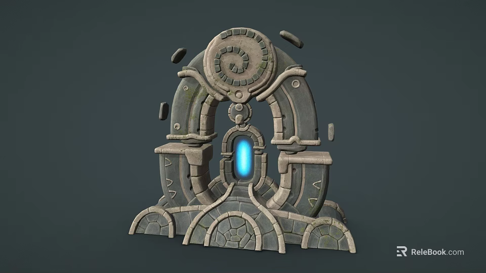 Ancient Mechanical Stone Arch Structure With Glowing Blue Light Circular Gear And Runestones 3d model