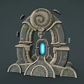 Ancient Mechanical Stone Arch Structure With Glowing Blue Light Circular Gear And Runestones 3d model