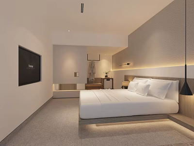 Modern Hotel Room Interior With King Bed Flat Screen TV Wooden Headboard And Soft Lighting 3d model