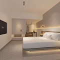Modern Hotel Room Interior With King Bed Flat Screen TV Wooden Headboard And Soft Lighting