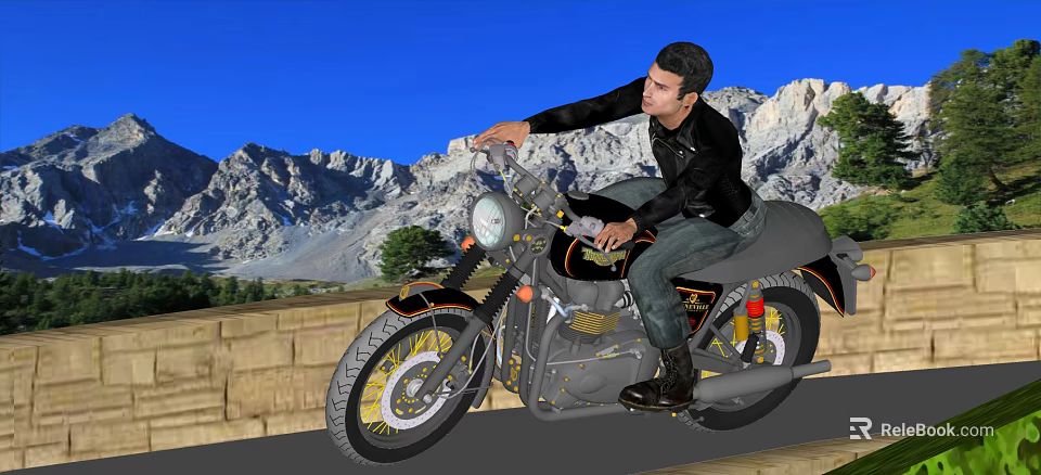 Man Riding Vintage Motorcycle On Wooden Platform With Mountain Trees And Blue Sky 3d model 