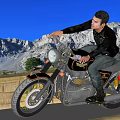 Man Riding Vintage Motorcycle On Wooden Platform With Mountain Trees And Blue Sky