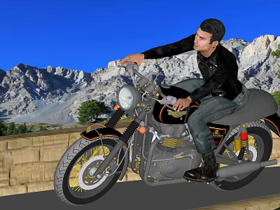 Man Riding Vintage Motorcycle On Wooden Platform With Mountain Trees And Blue Sky 3d model