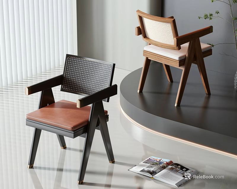 Modern Armchairs With Woven Backs And Leather Seats In Minimalist Interior 3d model 