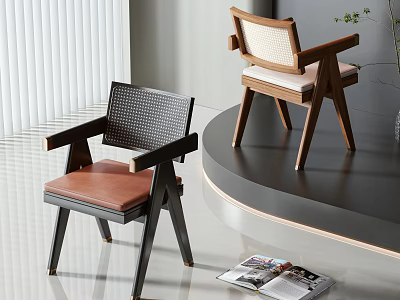 Modern Armchairs With Woven Backs And Leather Seats In Minimalist Interior 3d model