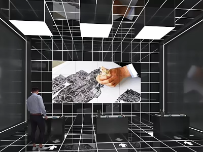Grid Room Interior With Human Figure Large Wall Art And Black Cubes 3d model