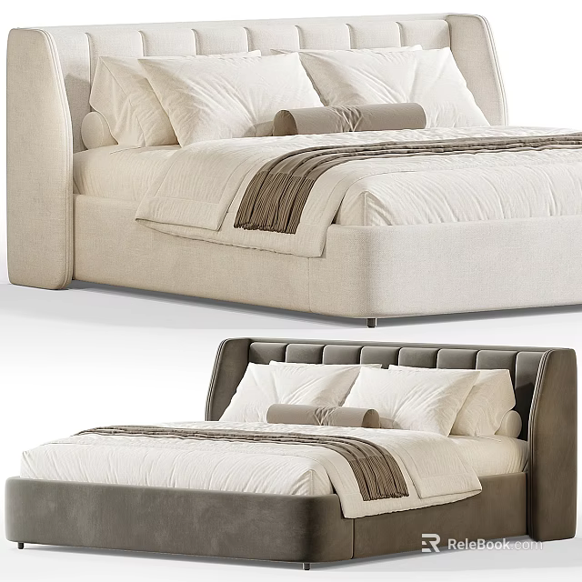Modern Double Bed Design With Tufted Headboard White Bedding And Striped Throw Blanket 3d model 