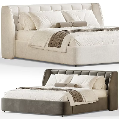 Modern Double Bed Design With Tufted Headboard White Bedding And Striped Throw Blanket 3d model