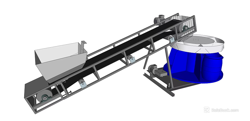 Motorized Industrial Conveyor Belt System With Large Storage Tank And Metal Frame Structure 3d model 
