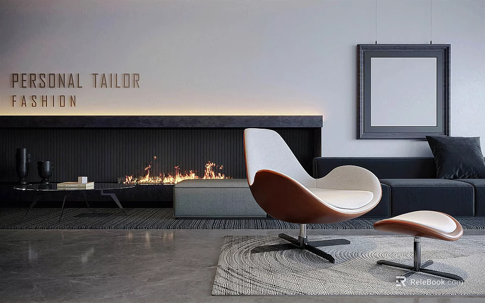 Modern Accent Chair White And Brown Design In Living Room By Fireplace And Black Sofa 3d model 