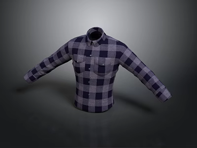 Blue And Gray Plaid Shirt With Collar Pockets And Long Sleeves 3d model
