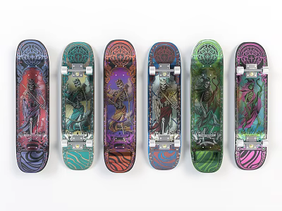 Colorful Skateboards With Intricate Graphic Designs And Various Patterns Displayed 3d model