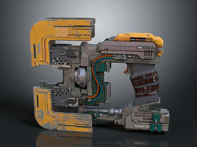 Futuristic Sci Fi Weapon With Yellow And Gray Mechanical Structure And Complex Components 3d model