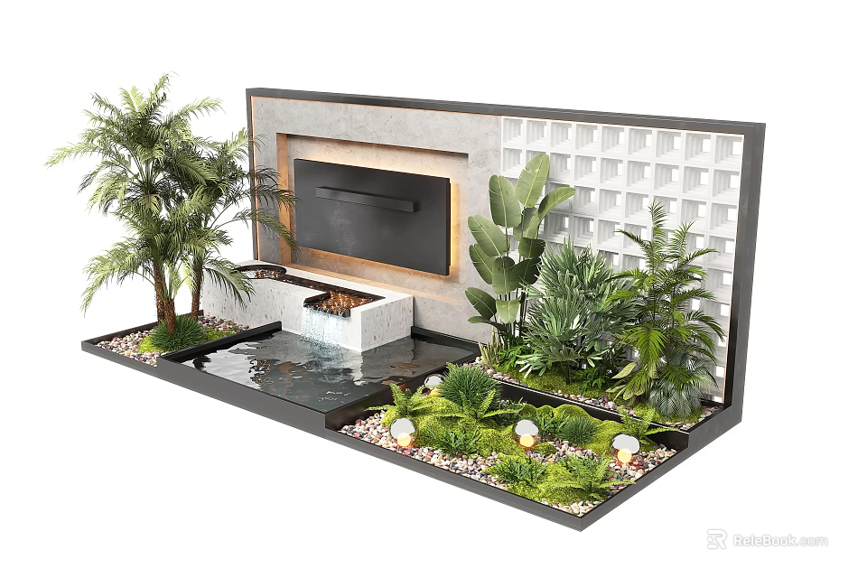 Modern Decorative Feature Wall With Green Plants Water Feature And Landscape Elements Design 3d model