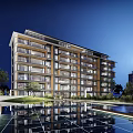 Modern Multi Storey Apartment Building With Balconies And Waterfront Landscaping
