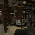 Industrial Office Interior With Brick Wall Bookshelves Pendant Lights And Wooden Table