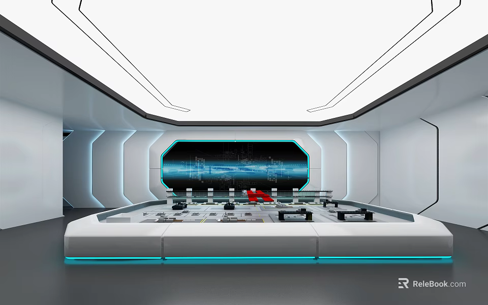 Futuristic Control Room Interior With Control Panel Large Screen And Blue Lighting 3d model 