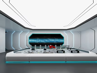Futuristic Control Room Interior With Control Panel Large Screen And Blue Lighting 3d model