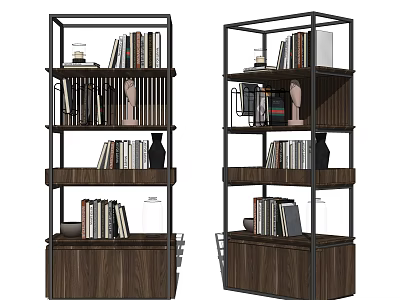 Modern Industrial Bookcase With Metal Frame Wooden Shelves Books And Decorative Sculptures 3d model