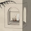 Modern Wall Lamp Illuminating Cozy Archway Interior With Beige Chair And Bookshelf