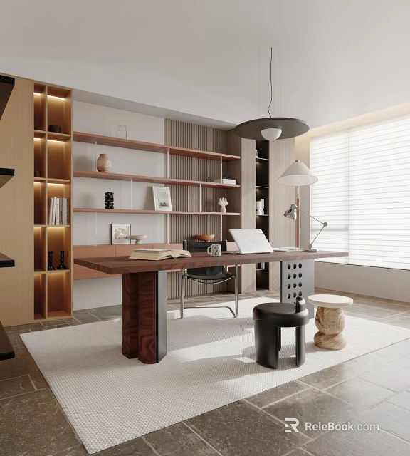 Modern Study Room Interior Design With Wooden Desk Bookshelves And Lighting Elements 3d model