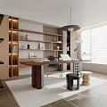 Modern Study Room Interior Design With Wooden Desk Bookshelves And Lighting Elements 3d model