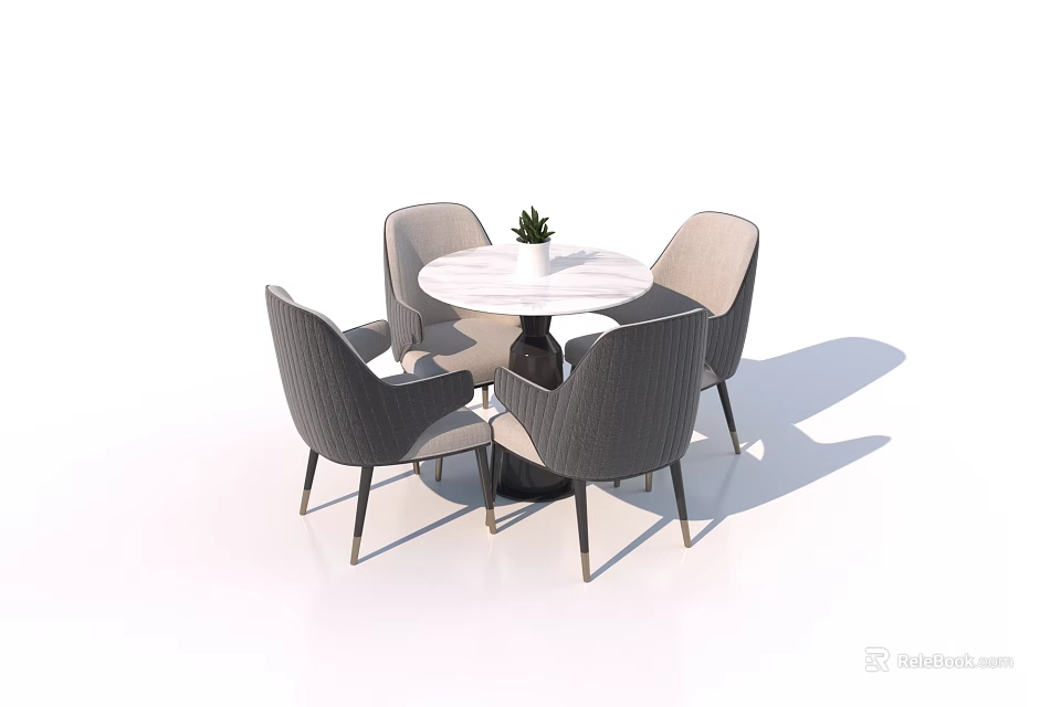 Modern Round Marble Top Dining Table With Four Gray Upholstered Chairs And Small Plant 3d model 