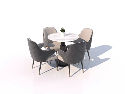 Modern Round Marble Top Dining Table With Four Gray Upholstered Chairs And Small Plant 3d model