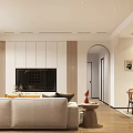 Modern Dining and Living Room Interior With Beige Sofa Wooden Coffee Table And Dining Set