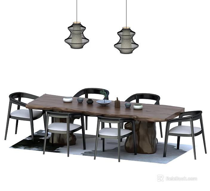 Modern Wooden Dining Table Set With Six Black Chairs Light Gray Cushions And Pendant Lights 3d model 