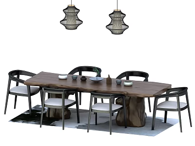 Modern Wooden Dining Table Set With Six Black Chairs Light Gray Cushions And Pendant Lights 3d model