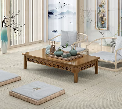 Study Tea Room Zen Tea Set New Chinese Style Coffee Table Futon Mat Vase Tatami Buddha Tea 3d model