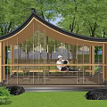 Garden Landscape With Modern Wooden Pavilion Black Roof Green Trees And Seated Person