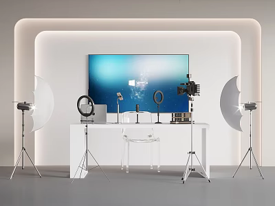 Professional Computer Monitor Setup on White Desk With Photography Lights and Studio Equipment 3d model