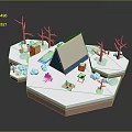 Winter Camping Scene With Blue Tent Campfire Bare Trees And Snowy Ground
